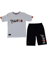 Compleu vara baieti, tricou si pantaloni scurti, Creator, bumbac, alb